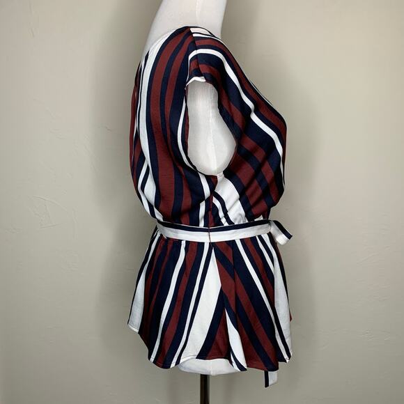 Express Blue Burgundy Strip Wrap Blouse Sz Small - Picture 4 of 9